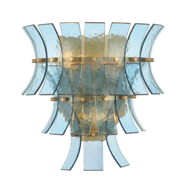 The Abigail Sconce transforms walls into artistic focal points with tiered, hand-applied art glass panels arranged in a bold sculptural silhouette. Each textured glass piece diffuses light beautifully while adding depth and dimension.