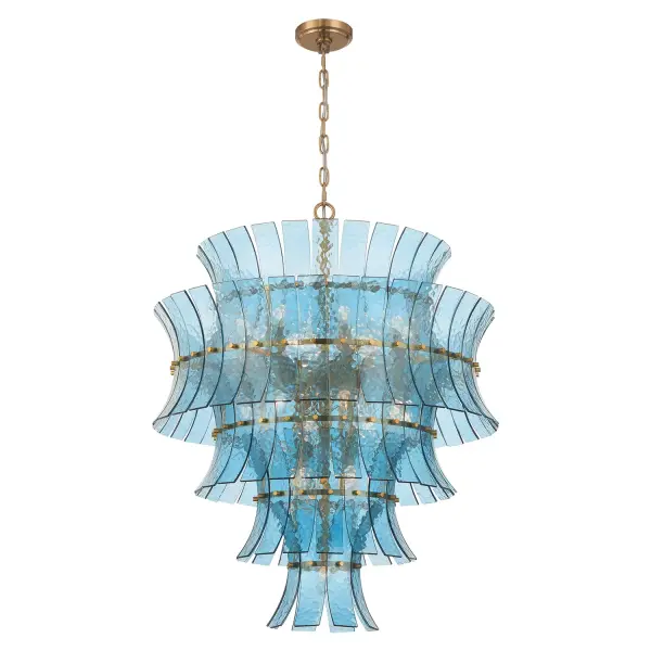 The Abigail chandelier transforms any space with its tiered, curved art glass panels and aged brass frame. Each handcrafted glass piece diffuses light beautifully while creating dimensional visual impact from every angle.