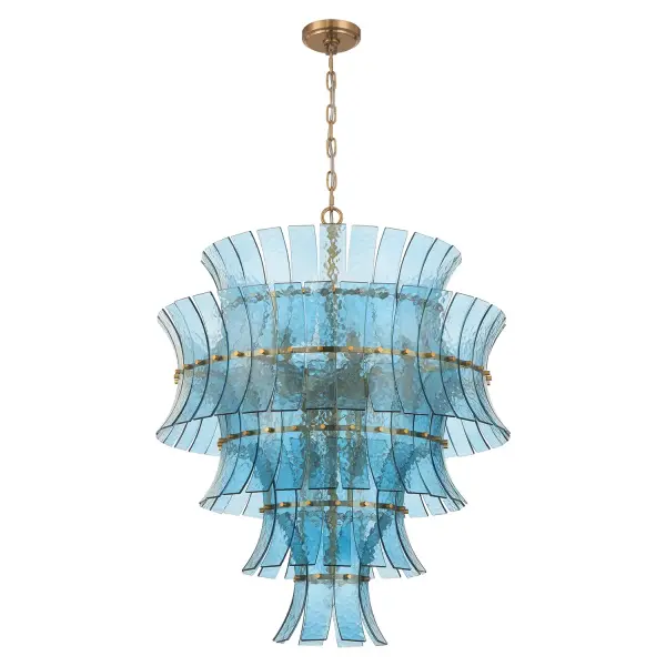 The Abigail chandelier transforms any space with its tiered, curved art glass panels and aged brass frame. Each handcrafted glass piece diffuses light beautifully while creating dimensional visual impact from every angle. - alternate view