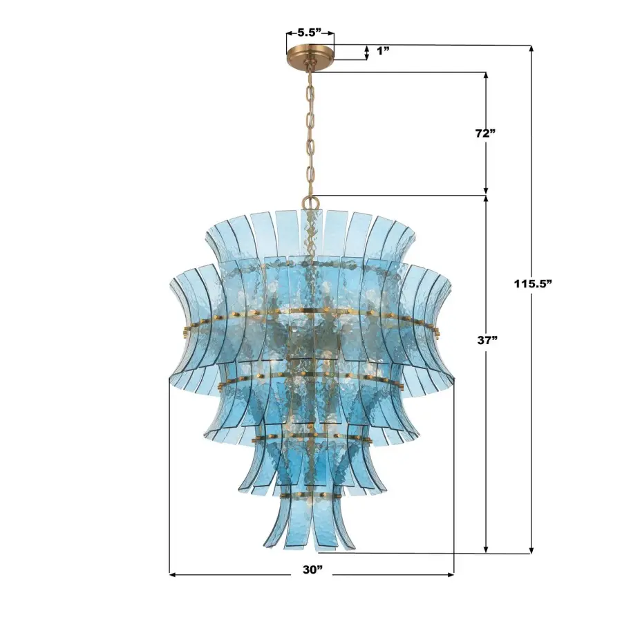 Abigail 29.5" Chandelier in Aged Brass with Blue Glass - Image 7
