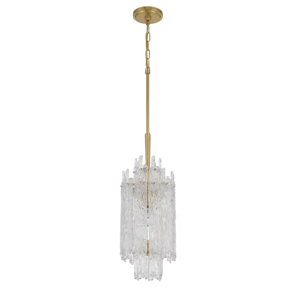 The Ackerly chandelier features stunning textured ice glass that creates a soft, diffused glow reminiscent of frozen crystal. Its compact 8.5" size and aged brass finish make it perfect for intimate spaces or grouped installations. - alternate view