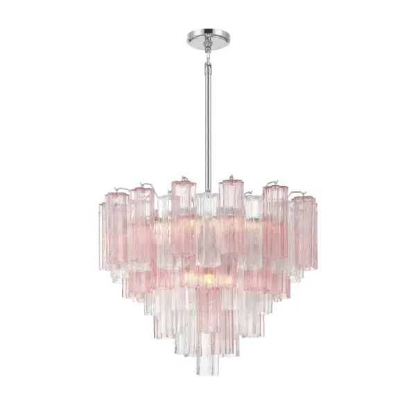 The Addis Chandelier reimagines the legendary mid-century Tronchi design with transparent amber glass tubes arranged in a captivating 5-point star. The aged brass frame adds warmth and sophistication to any space.