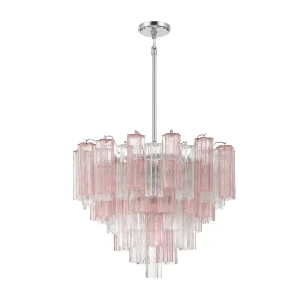 The Addis Chandelier reimagines the legendary mid-century Tronchi design with transparent amber glass tubes arranged in a captivating 5-point star. The aged brass frame adds warmth and sophistication to any space. - alternate view