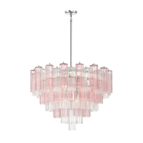 The Addis 32" Chandelier reimagines the iconic Tronchi design with a modern 5-point star configuration of textured glass tubes. The Autumn glass option features captivating multicolor tones that create dynamic light play, while the polished chrome frame adds sophisticated contrast. At 32 inches wide, this oversized fixture commands attention in dining rooms and grand spaces.