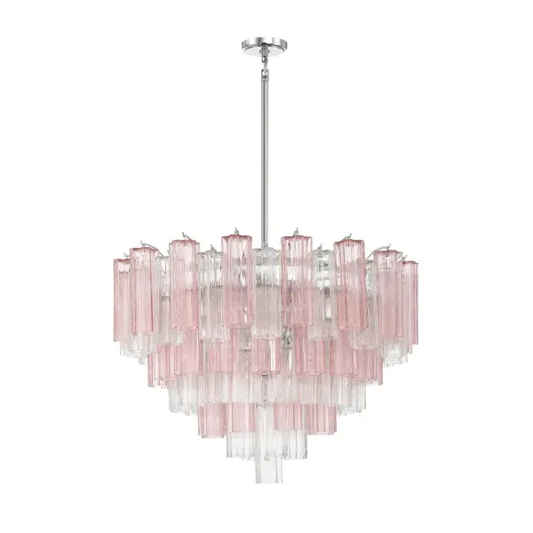 The Addis 32" Chandelier reimagines the iconic Tronchi design with a modern 5-point star configuration of textured glass tubes. The Autumn glass option features captivating multicolor tones that create dynamic light play, while the polished chrome frame adds sophisticated contrast. At 32 inches wide, this oversized fixture commands attention in dining rooms and grand spaces. - alternate view