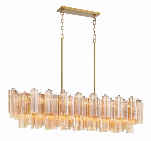 The Addis Linear Chandelier reimagines the iconic Tronchi design with a captivating 5-point star configuration of textured glass tubes. The Autumn glass option features a mesmerizing multicolor palette that creates dynamic visual interest, while the polished chrome frame adds sophisticated contrast. At nearly 52 inches wide, this oversized fixture commands attention and delivers exceptional ambient lighting for large spaces. - alternate view