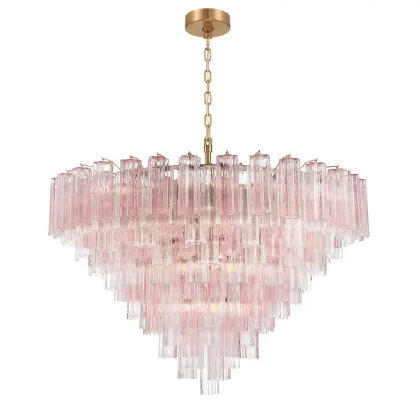 The Addis 49" Chandelier reimagines the legendary mid-century Tronchi design with contemporary sophistication. Its dramatic 5-point star configuration of textured amber glass tubes creates mesmerizing light patterns, while the aged brass frame adds warmth and timeless elegance to grand spaces.