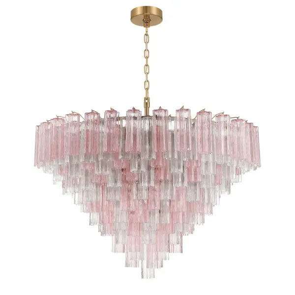The Addis 49" Chandelier reimagines the legendary mid-century Tronchi design with contemporary sophistication. Its dramatic 5-point star configuration of textured amber glass tubes creates mesmerizing light patterns, while the aged brass frame adds warmth and timeless elegance to grand spaces. - alternate view