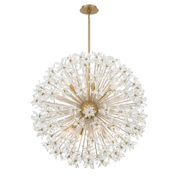 The Adley 34" Chandelier transforms any space with its radiant floral composition of faceted crystal accents. The aged brass finish adds warmth while the dimensional crystal arrangement creates captivating light play and visual movement.