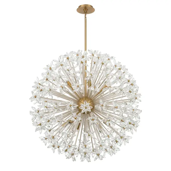 The Adley 34" Chandelier transforms any space with its radiant floral composition of faceted crystal accents. The aged brass finish adds warmth while the dimensional crystal arrangement creates captivating light play and visual movement. - alternate view