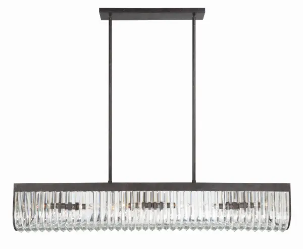 The Alister linear chandelier makes a bold statement with hand-cut U-shaped crystals positioned around a charcoal bronze metal frame. Its 49.75-inch length and uniform internal lighting create stunning crystal brilliance perfect for dining rooms and kitchen islands.