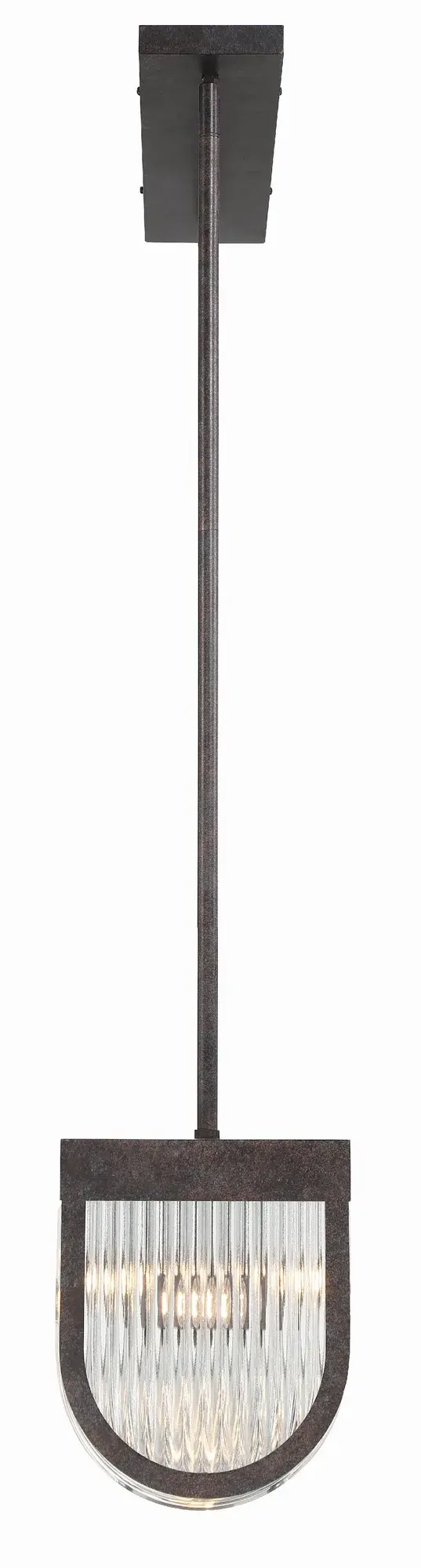 The Alister linear chandelier makes a bold statement with hand-cut U-shaped crystals positioned around a charcoal bronze metal frame. Its 49.75-inch length and uniform internal lighting create stunning crystal brilliance perfect for dining rooms and kitchen islands. - alternate view