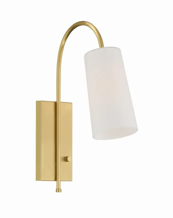 The Alexa task sconce combines minimalist design with practical functionality. Its sweeping arm and tapered white glass shade provide focused task lighting ideal for reading nooks and bedside applications.
