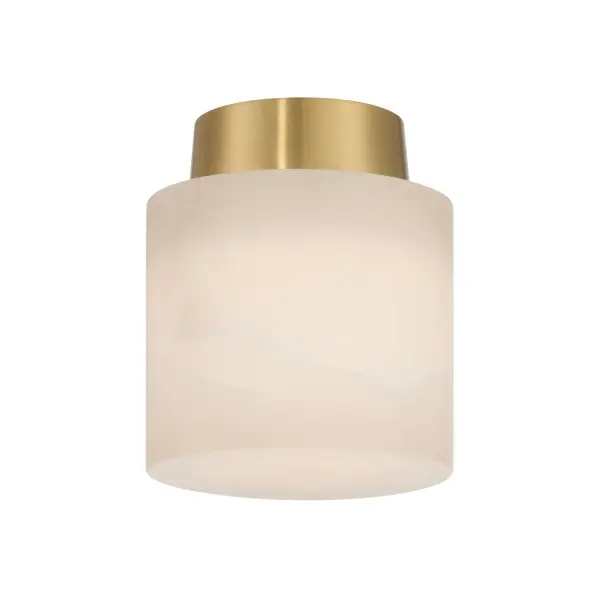 The Acme Semi Flush Mount combines natural alabaster stone with aged brass for a sophisticated, compact ceiling fixture. Its 5.75" profile makes it ideal for smaller spaces with lower ceilings, casting a warm, diffused glow through organic stone veining.