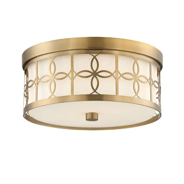 The Anniversary Collection flush mount honors Crystorama's six-decade legacy with a sophisticated geometric logo detail over white glass. Its 13.5" profile delivers versatile style that bridges modern and traditional aesthetics. - alternate view