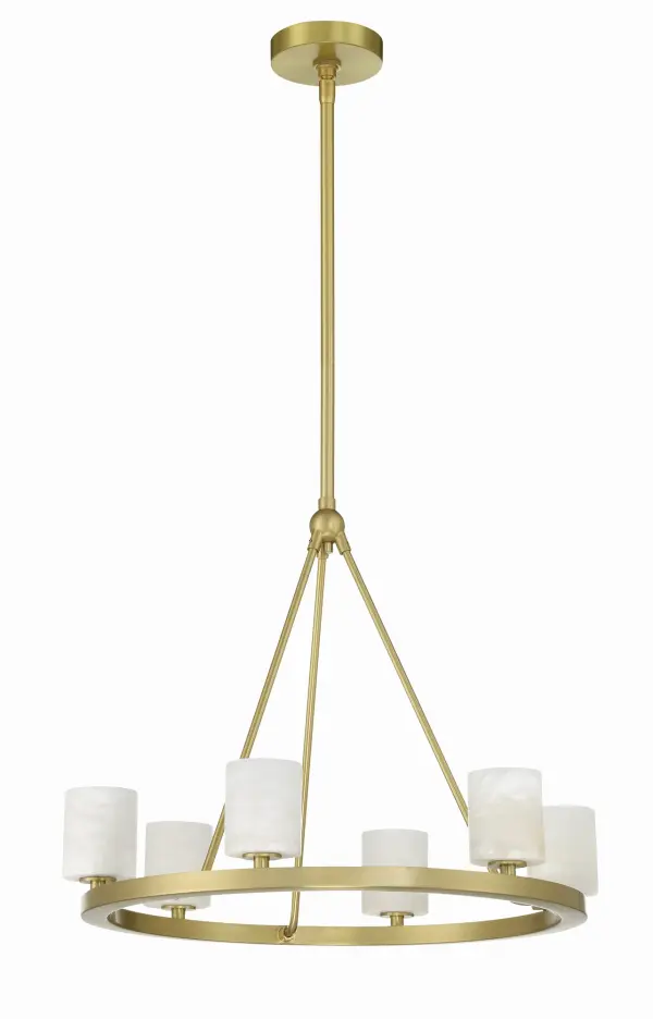 The Aragon chandelier blends industrial minimalism with modern elegance through hand-cut crystal globes and a geometric metal frame. Its reversible design allows upward or downward lighting, while integrated LED bulbs provide warm, efficient illumination. - alternate view