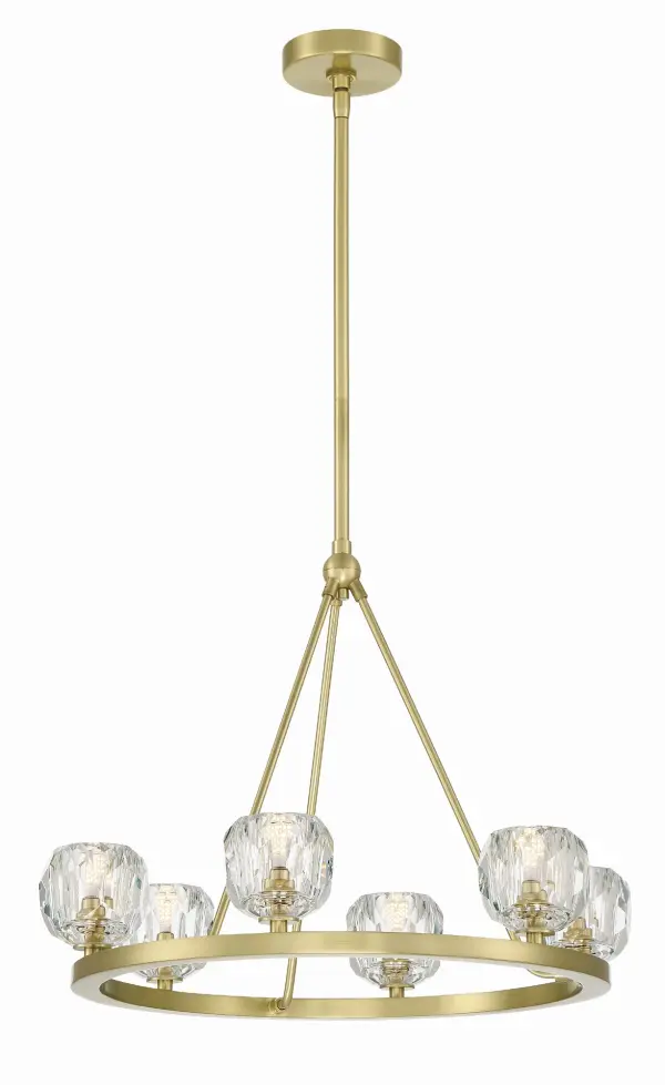 The Aragon 24" LED Chandelier blends industrial and modern aesthetics with hand-cut crystal globes and a minimalist matte black frame. Features integrated dimmable LED bulbs and unique reversible mounting for upward or downward light.