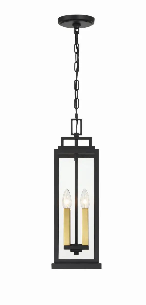 The Aspen Outdoor Pendant combines classic lantern charm with modern geometric design. Clear glass panels and a sleek matte black frame create timeless appeal, while dual-finish candle sleeves offer versatile styling options. - alternate view