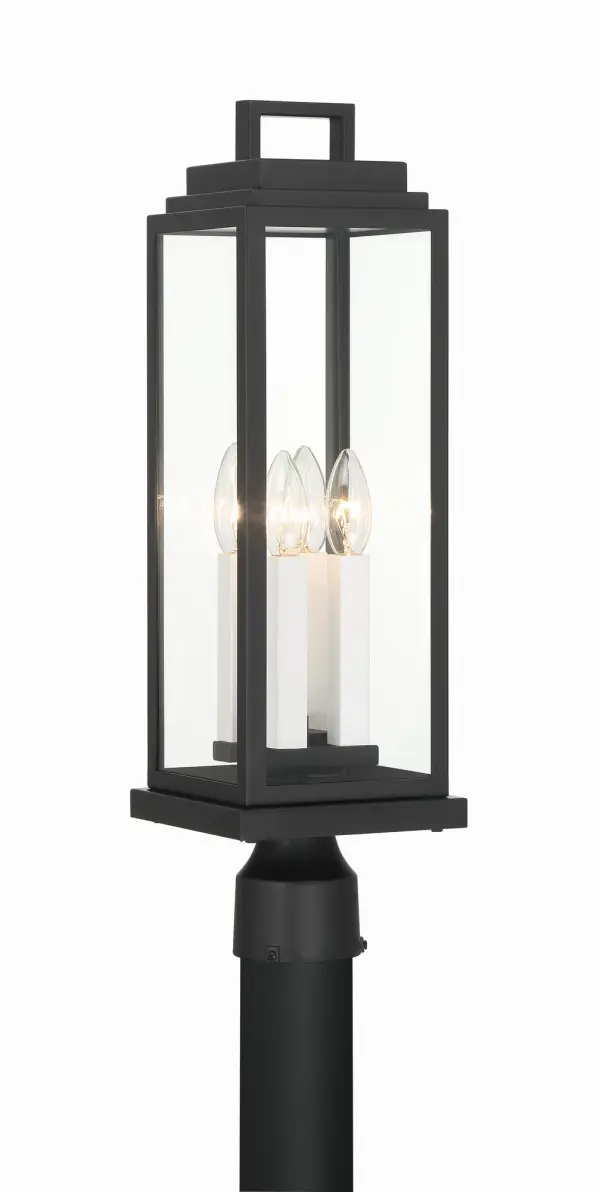 The Aspen Post Light combines classic lantern charm with contemporary geometric design. Clear glass panels and sleek black metal frame create timeless curb appeal, while versatile candle sleeves in white and gold finishes allow personalization.