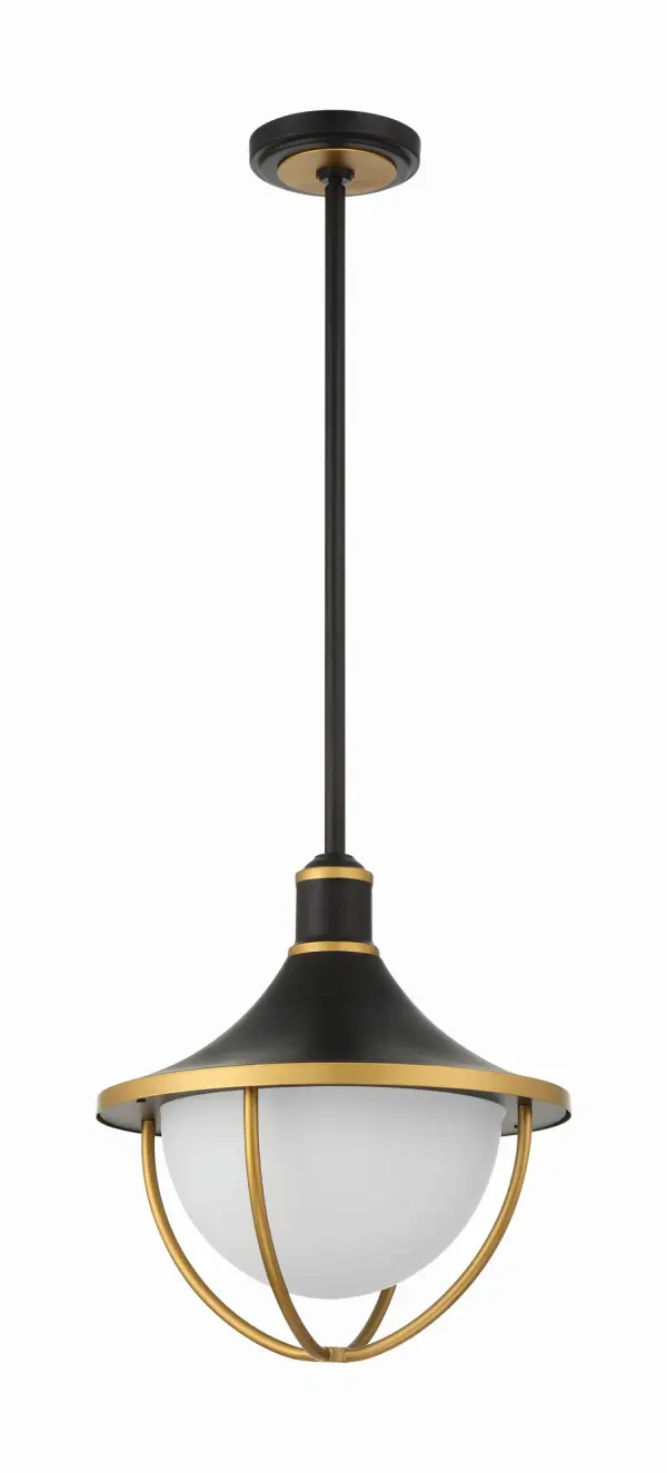 The Atlas Outdoor Pendant combines modern aesthetics with classic charm through its distinctive matte black and gold two-tone finish. The white glass bowl shade with gold-arched rods creates visual interest while providing excellent illumination for covered outdoor spaces. - alternate view
