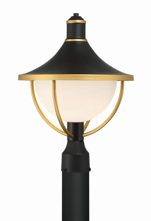 The Atlas Outdoor Post Light combines mid-century modern aesthetics with premium materials. Its distinctive matte black and gold finish paired with white glass creates striking curb appeal while providing functional illumination.