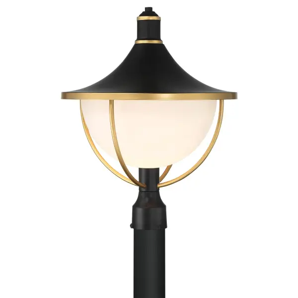 The Atlas Outdoor Post Light combines mid-century modern design with premium materials, featuring a striking matte black and gold finish paired with white glass. Perfect for enhancing curb appeal with sophisticated style.