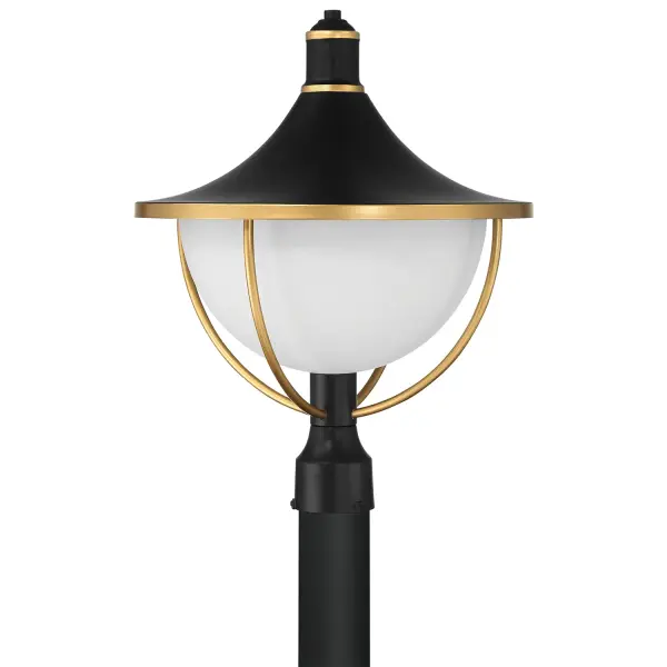 The Atlas Outdoor Post Light combines mid-century modern design with premium materials, featuring a striking matte black and gold finish paired with white glass. Perfect for enhancing curb appeal with sophisticated style. - alternate view
