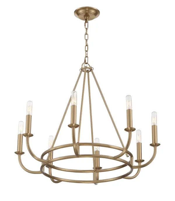 The Bailey 28" Chandelier combines angular lines with upward-sweeping arms for a refined farmhouse aesthetic. Its open metal frame design allows light to radiate beautifully while the aged brass finish adds warmth. - alternate view