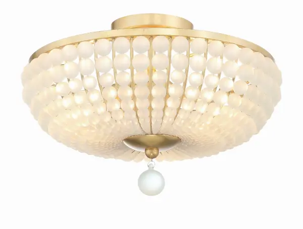 The Bella semi flush mount combines modern coastal style with elegant glass bead detailing. Its 15.75" diameter makes it perfect for smaller spaces, while the Antique Gold finish and frosted white glass beads create a sophisticated contrast that elevates any room. - alternate view