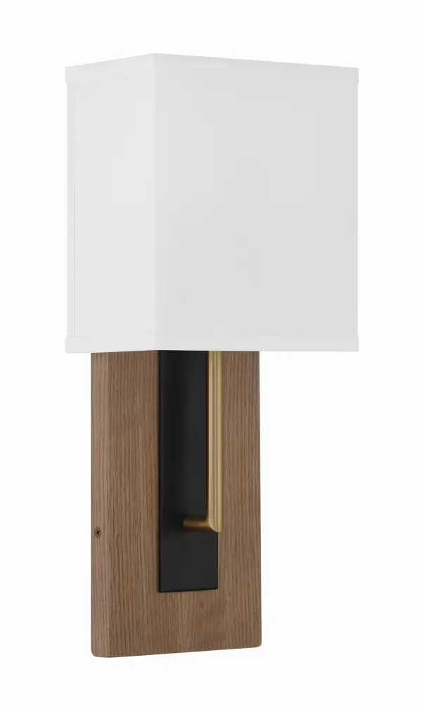 The Brent sconce combines contemporary sophistication with timeless charm through its elongated tapered arm and rectangular white fabric half-shade. The matte black and vibrant gold finish creates striking visual contrast. - alternate view
