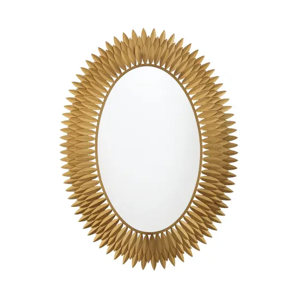 This stunning 31.25" mirror combines artistry with function, featuring hand-forged metal leaves in a radiant sunburst design. The integrated LED lighting and Antique Gold finish create a luxurious focal point perfect for entryways and living spaces.