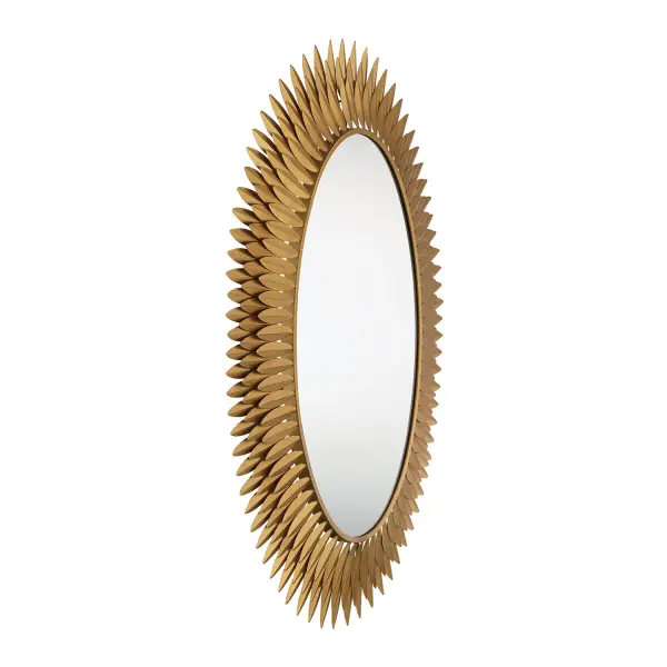This stunning 31.25" mirror combines artistry with function, featuring hand-forged metal leaves in a radiant sunburst design. The integrated LED lighting and Antique Gold finish create a luxurious focal point perfect for entryways and living spaces. - alternate view