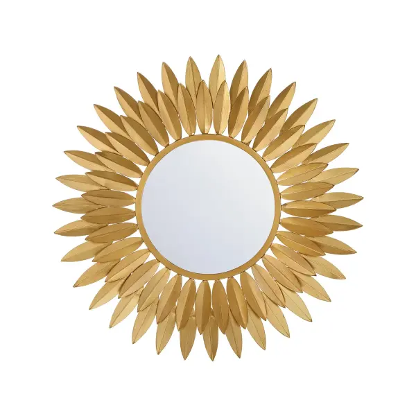 The Broche Mirror features hand-forged metal leaves in a radiant sunburst design that brings nature-inspired artistry to any space. Its 20-inch diameter makes it perfect as a focal point without overwhelming smaller rooms.