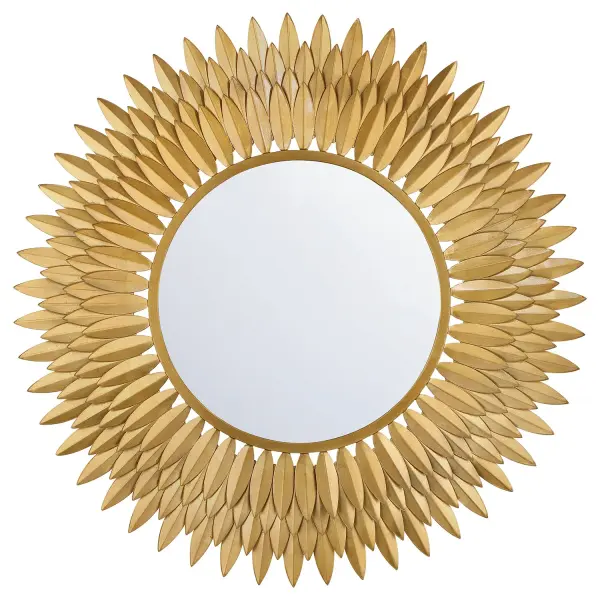 The Broche 30" Mirror transforms any wall into a statement with its radiant sunburst design featuring hand-forged metal leaves. This nature-inspired piece brings warmth and elegance to spaces, serving as an ideal focal point.