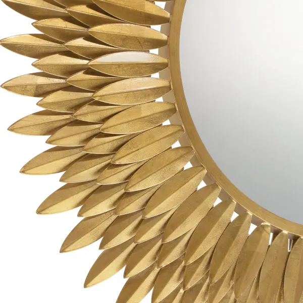 The Broche 30" Mirror transforms any wall into a statement with its radiant sunburst design featuring hand-forged metal leaves. This nature-inspired piece brings warmth and elegance to spaces, serving as an ideal focal point. - alternate view