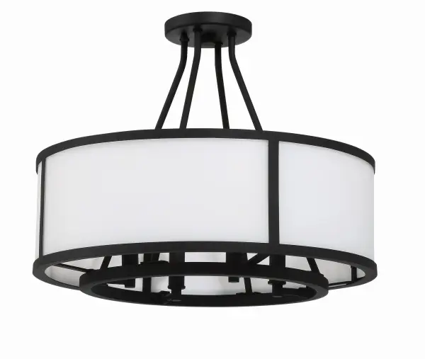 The Bryant 18" Semi Flush Mount combines a white glass drum shade with a black steel frame for striking visual contrast. Its candelabra-style sockets and clean lines make it versatile for farmhouse, industrial, and transitional interiors. - alternate view
