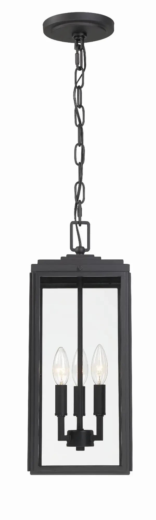 The Byron outdoor pendant combines transitional style with modern functionality. Its tapered rectangular clear glass shade and matte black finish create a sleek, timeless look perfect for enhancing entryways, patios, and terraces.