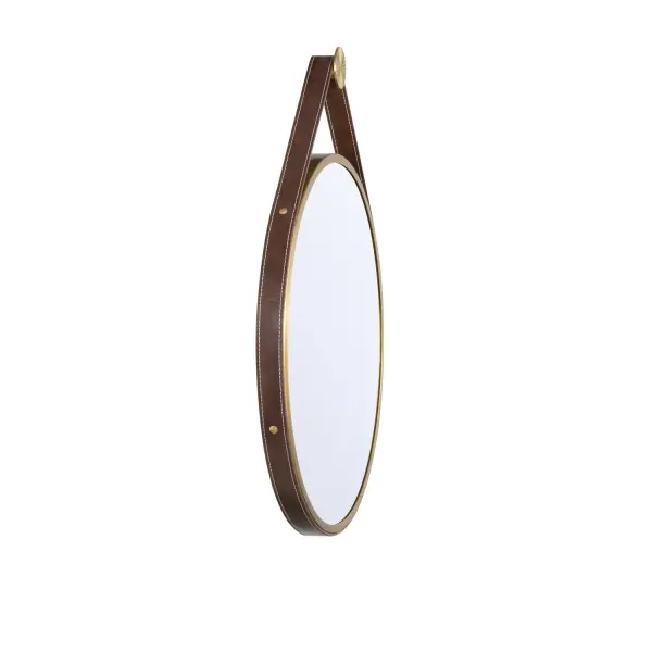 The Callahan mirror by Libby Langdon combines farmhouse charm with transitional elegance. Its textural linen shade and vegan leather belt buckle detail create a sophisticated focal point perfect for bathrooms and entryways. - alternate view