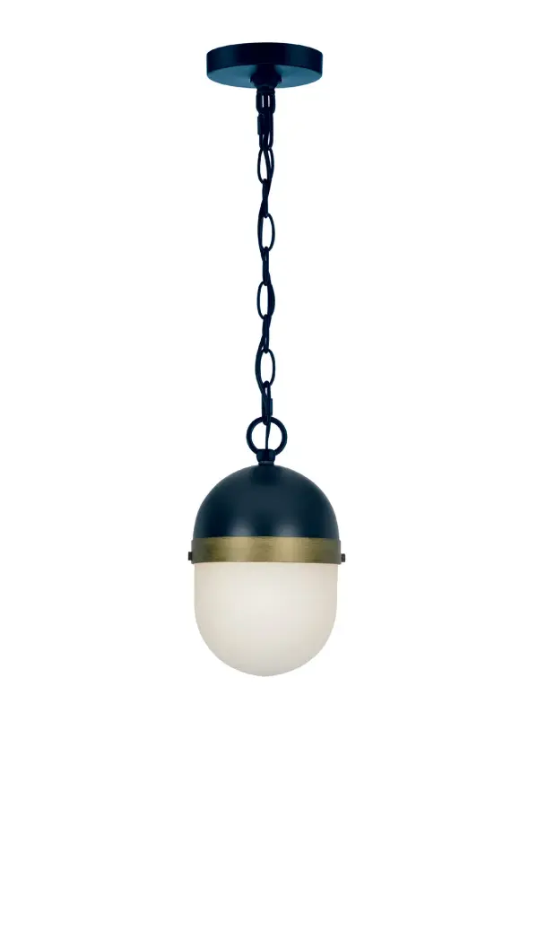 The Capsule Outdoor Pendant by Brian Patrick Flynn combines futuristic aesthetics with industrial edge. Its two-tone matte black finish and distinctive capsule-shaped white glass create dramatic visual impact while maintaining wet-rated outdoor reliability.