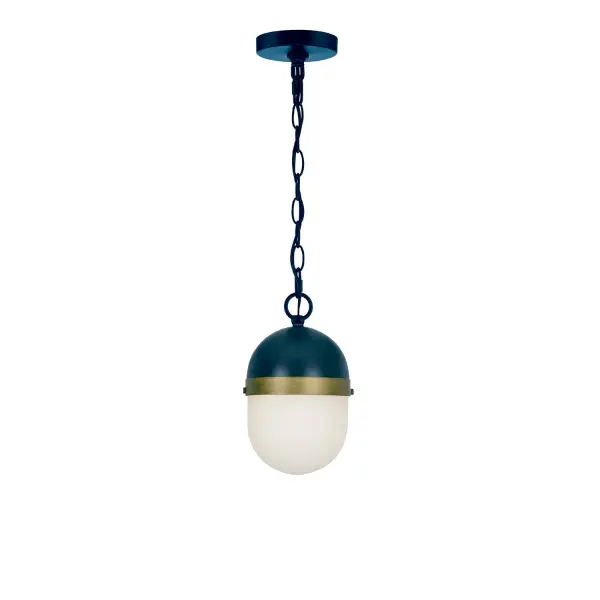 The Capsule Outdoor Pendant by Brian Patrick Flynn combines futuristic aesthetics with industrial edge. Its two-tone matte black finish and distinctive capsule-shaped white glass create dramatic visual impact while maintaining wet-rated outdoor reliability. - alternate view