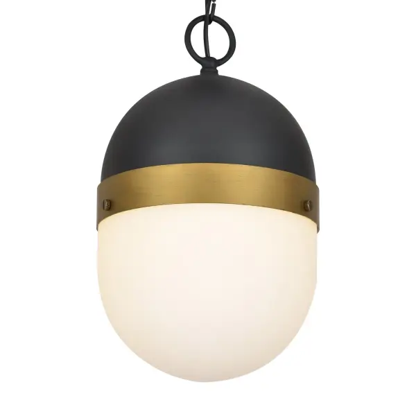 The Capsule Outdoor Pendant by Brian Patrick Flynn combines futuristic aesthetics with industrial edge. Its two-tone matte black finish and distinctive capsule-shaped white glass create dramatic light effects perfect for modern outdoor spaces. - alternate view