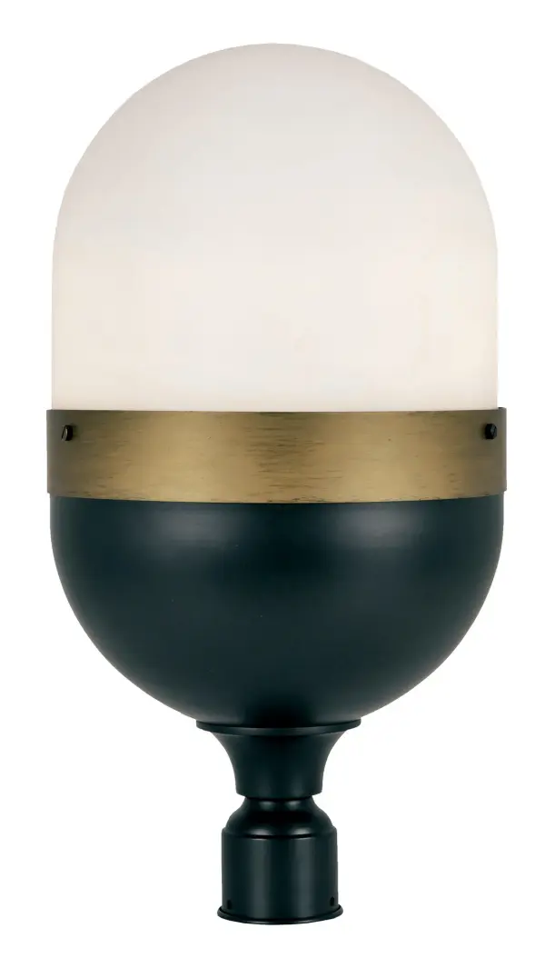 The Capsule Post Light by Brian Patrick Flynn combines futuristic aesthetics with industrial edge. Its distinctive two-tone finish and capsule-shaped white glass create dramatic light effects perfect for modern outdoor spaces.