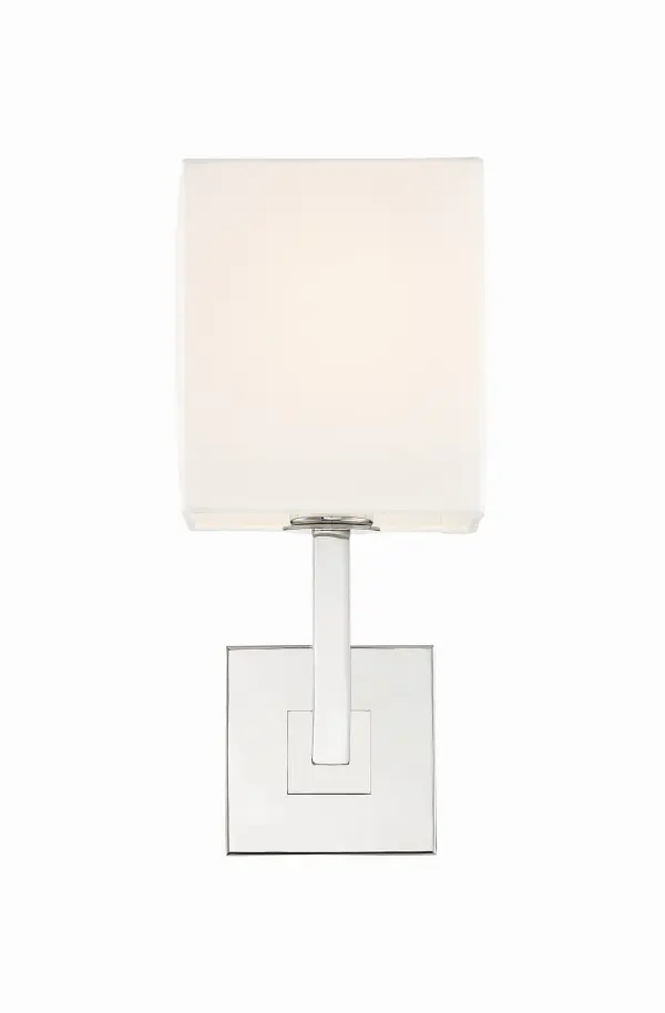 The Chatham sconce combines classic elegance with modern simplicity through its clean square fabric shade and polished nickel finish. Ideal for bathroom vanities, hallways, and bedrooms where soft, sophisticated lighting is desired. - alternate view