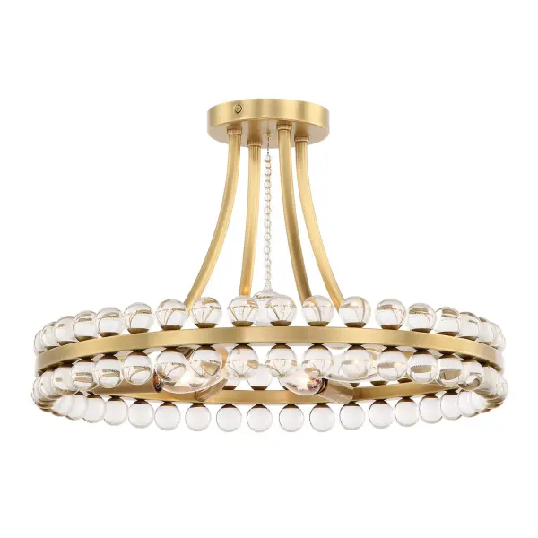 The Clover semi flush mount combines understated elegance with eye-catching sparkle. Solid glass balls on a floating aged brass frame create endless light reflections, making it a stunning focal point for bedrooms, living rooms, and entryways.