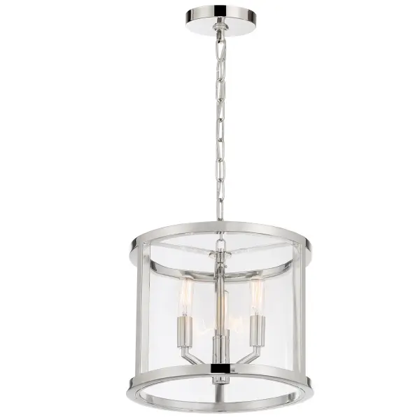 Libby Langdon's Devon chandelier delivers sophisticated simplicity with its polished nickel frame and clear glass panels. The compact 11.75" width makes it perfect for smaller spaces while the vertical frame sections add visual height and interest. - alternate view