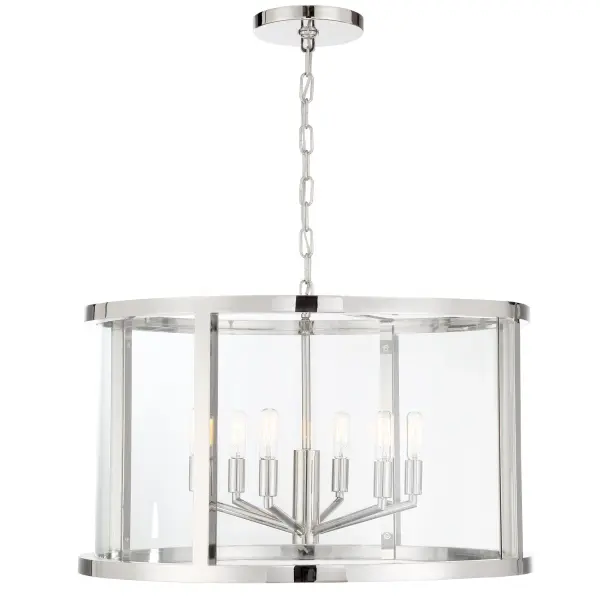 The Devon 24" Chandelier by Libby Langdon combines simple elegance with versatile design. Its polished nickel frame, clear glass panels, and angular candelabra arms create a sophisticated look that works across multiple design styles. - alternate view