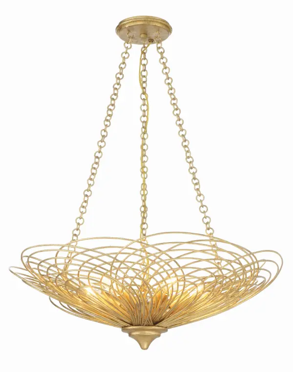 The Doral chandelier transforms swirling metal rings into a blooming flower sculpture. Its Renaissance Gold finish and symmetrical organic shape create an artistic focal point that works beautifully in coastal and modern interiors.