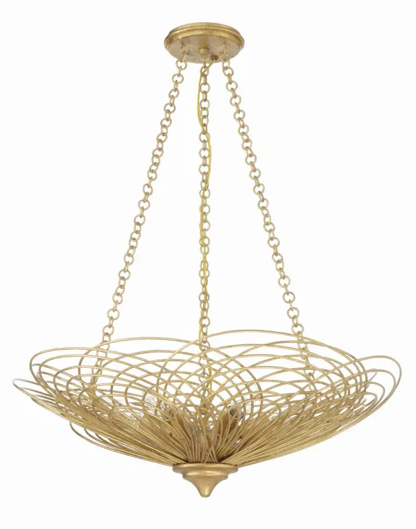 The Doral chandelier transforms swirling metal rings into a blooming flower sculpture. Its Renaissance Gold finish and symmetrical organic shape create an artistic focal point that works beautifully in coastal and modern interiors. - alternate view