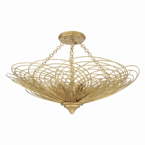 The Doral semi flush mount transforms ceiling lighting into sculptural art with its swirling metal rings that evoke blooming flower petals. Its warm Renaissance Gold finish and organic symmetry bring coastal elegance to modern interiors.