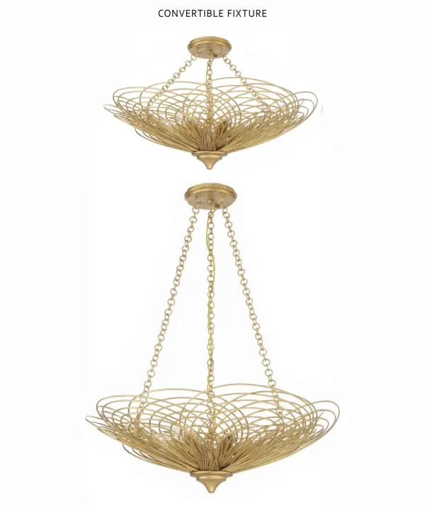 The Doral semi flush mount transforms ceiling lighting into sculptural art with its swirling metal rings that evoke blooming flower petals. Its warm Renaissance Gold finish and organic symmetry bring coastal elegance to modern interiors. - alternate view